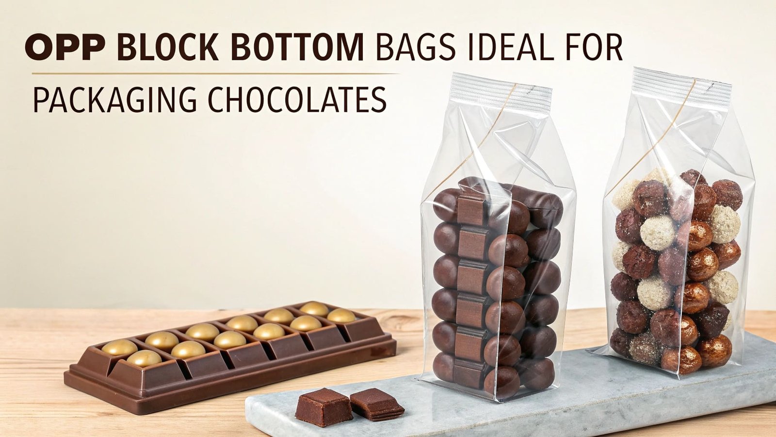A collection of high-end chocolates beautifully arranged inside a crystal-clear OPP block bottom bag on a retail shelf.