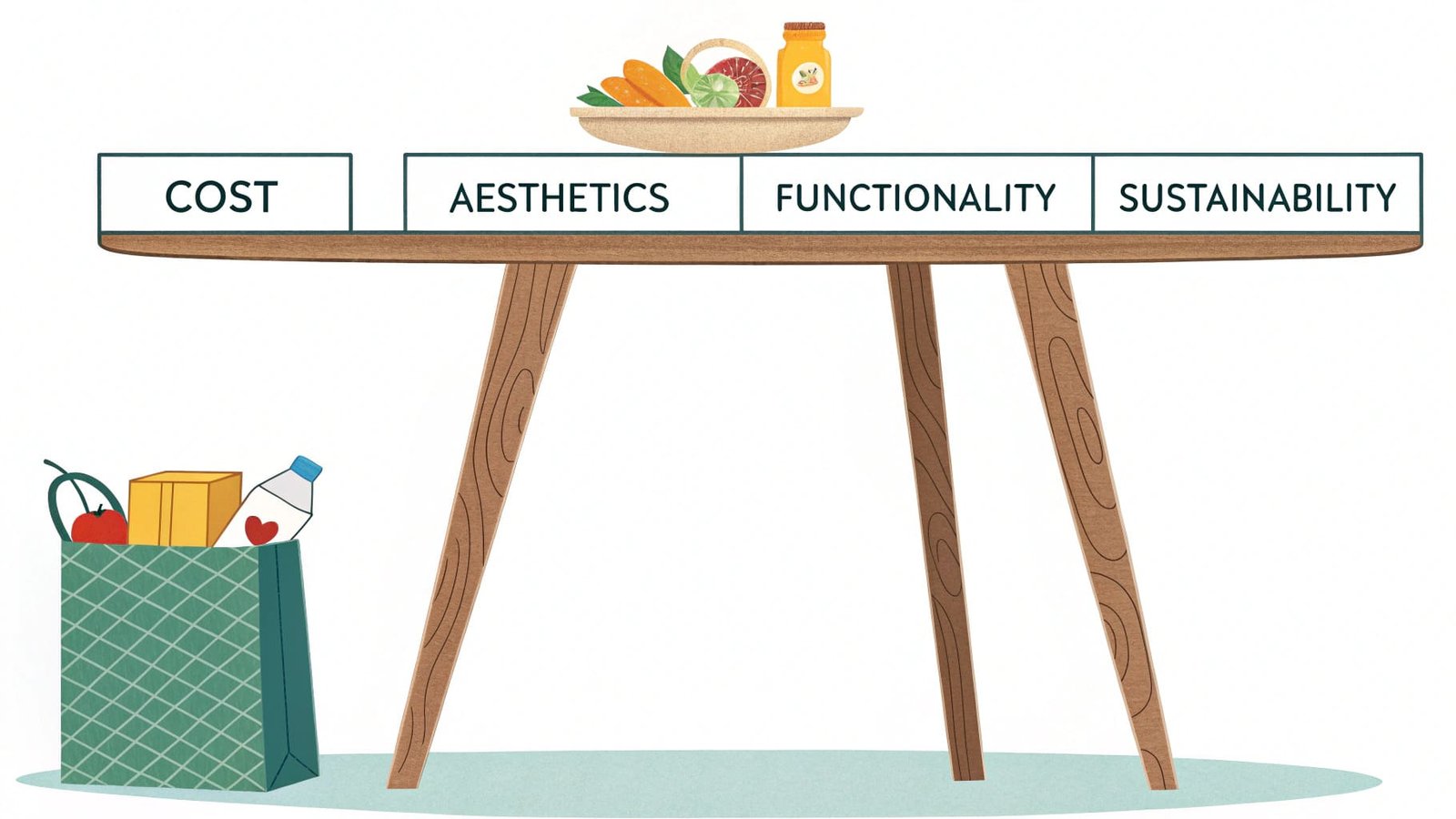 An infographic with four quadrants labeled Functionality, Cost, Aesthetics, and Compliance, with icons in each.