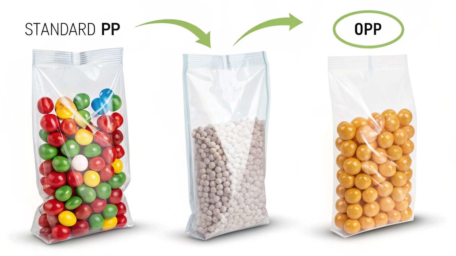 A side-by-side comparison of a clear, crisp PP bag and a softer, more flexible PE (polyethylene) bag, like a grocery bag.