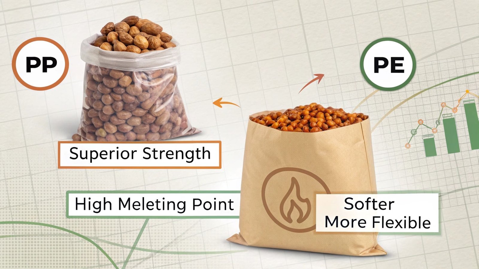 An image displaying three different types of PP packaging: a food tub, a clear bag, and a pack of bottles wrapped in PP film.